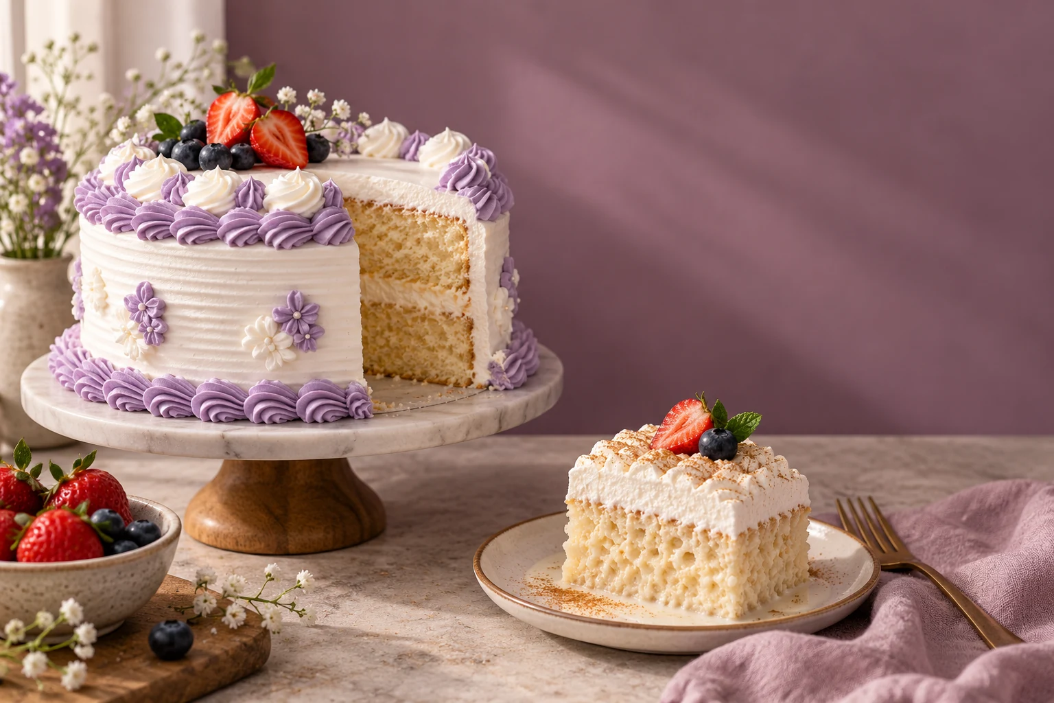 Illustrative celebration cake with lavender piping and tres-leches style slice; not an actual Lucy By Marina cake or current case item.